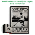 Black framed canvas hockey wall art with a detailed player scene and bold monochrome typography