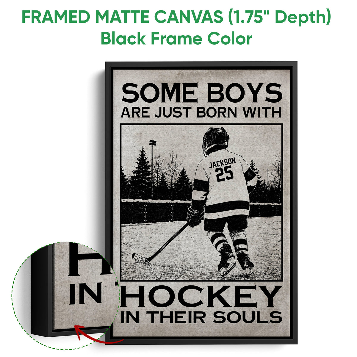 Black framed canvas hockey wall art with a detailed player scene and bold monochrome typography