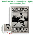White framed canvas hockey wall art featuring an outdoor skating scene and bold black typography