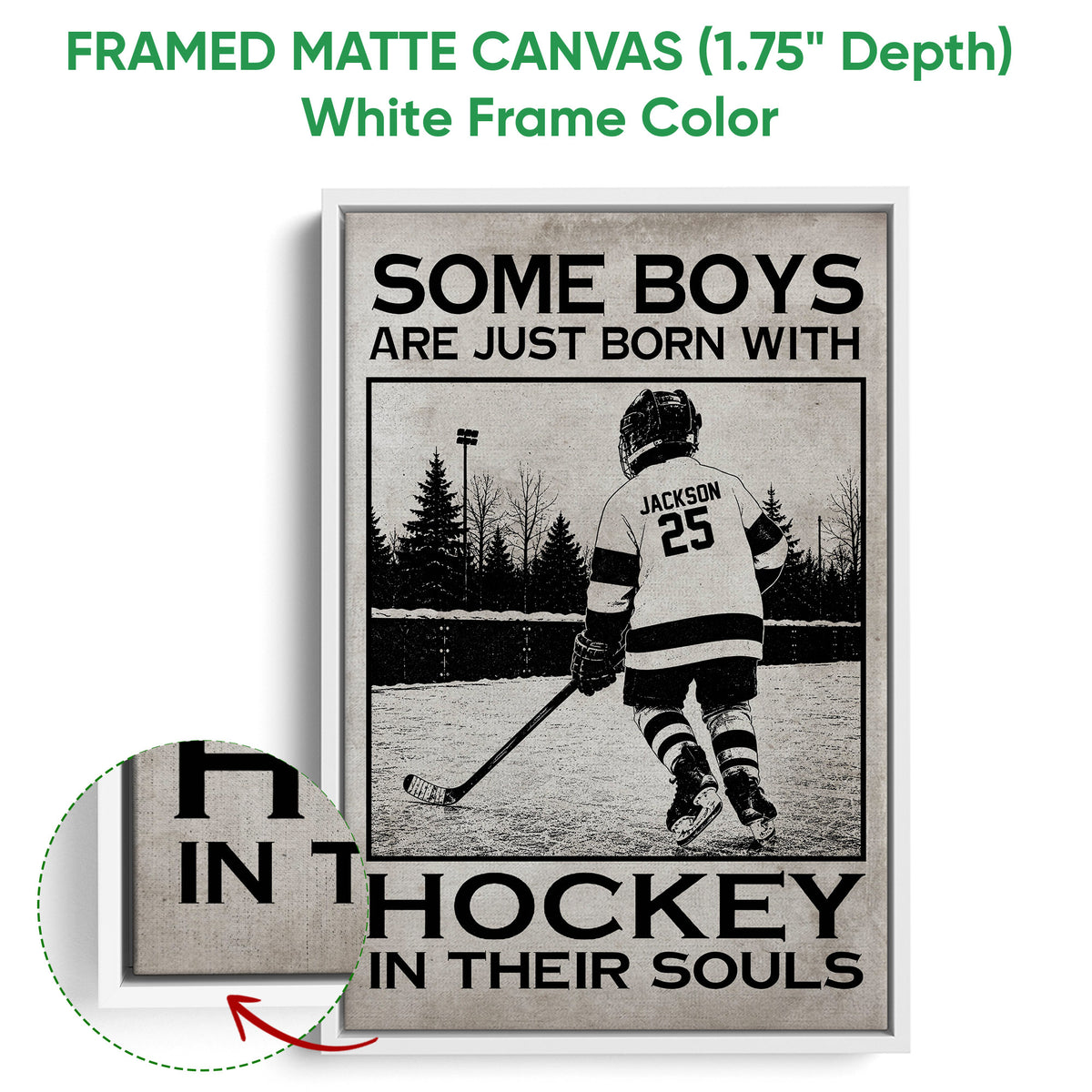 White framed canvas hockey wall art featuring an outdoor skating scene and bold black typography