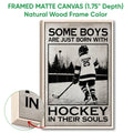 Natural wood framed hockey wall art showing a player skating outdoors with a distressed monochrome finish