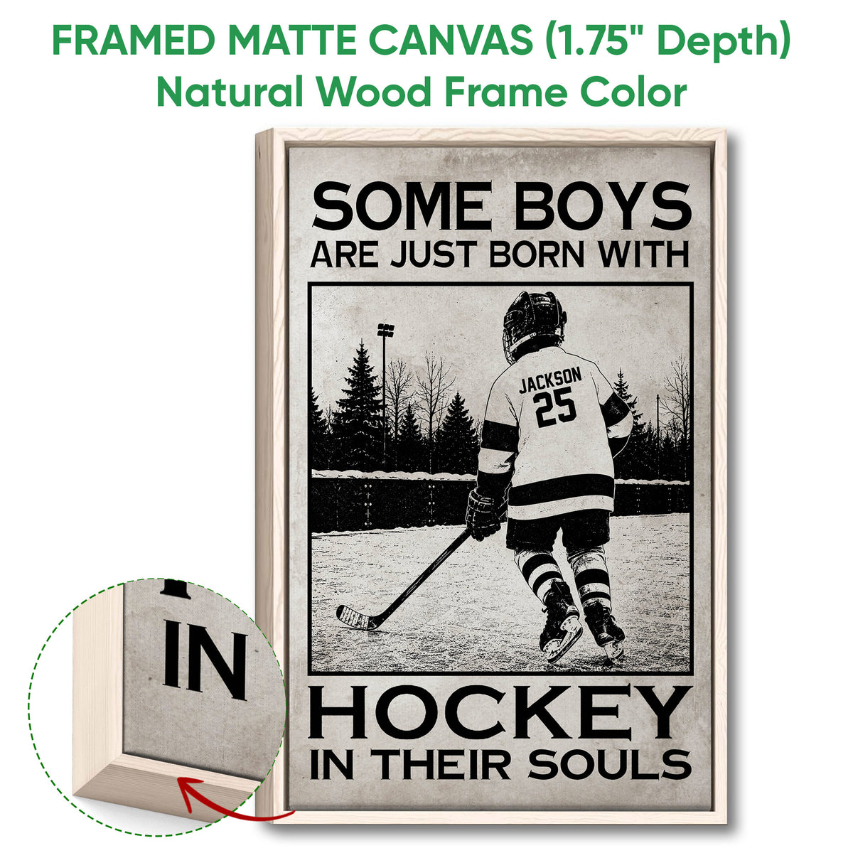 Natural wood framed hockey wall art showing a player skating outdoors with a distressed monochrome finish