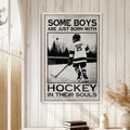 Hockey wall art displayed on a light paneled wall in a cozy home decor setting