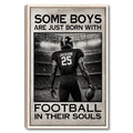 Framed football wall art showing a player in a stadium with bold black and white typography