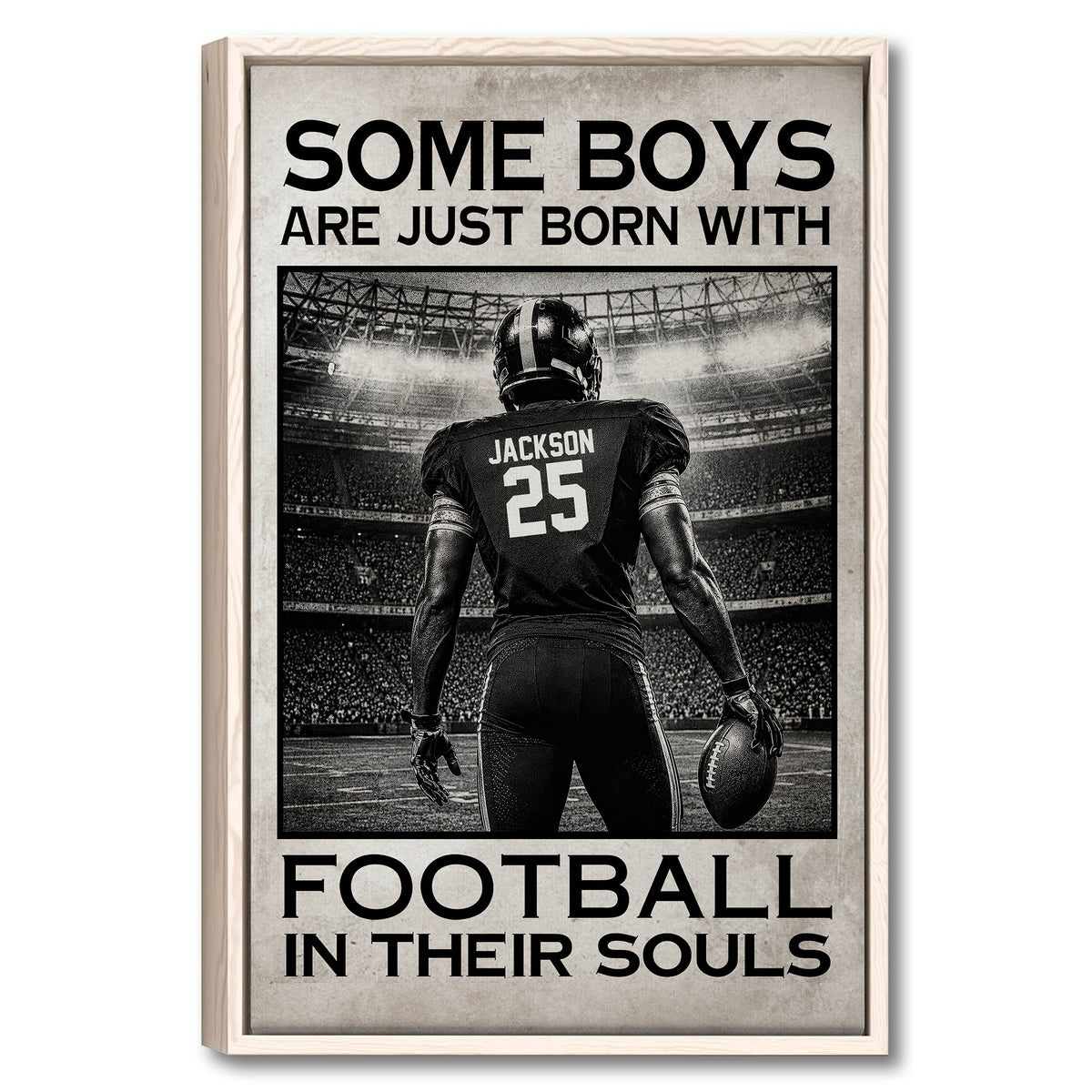 Framed football wall art showing a player in a stadium with bold black and white typography