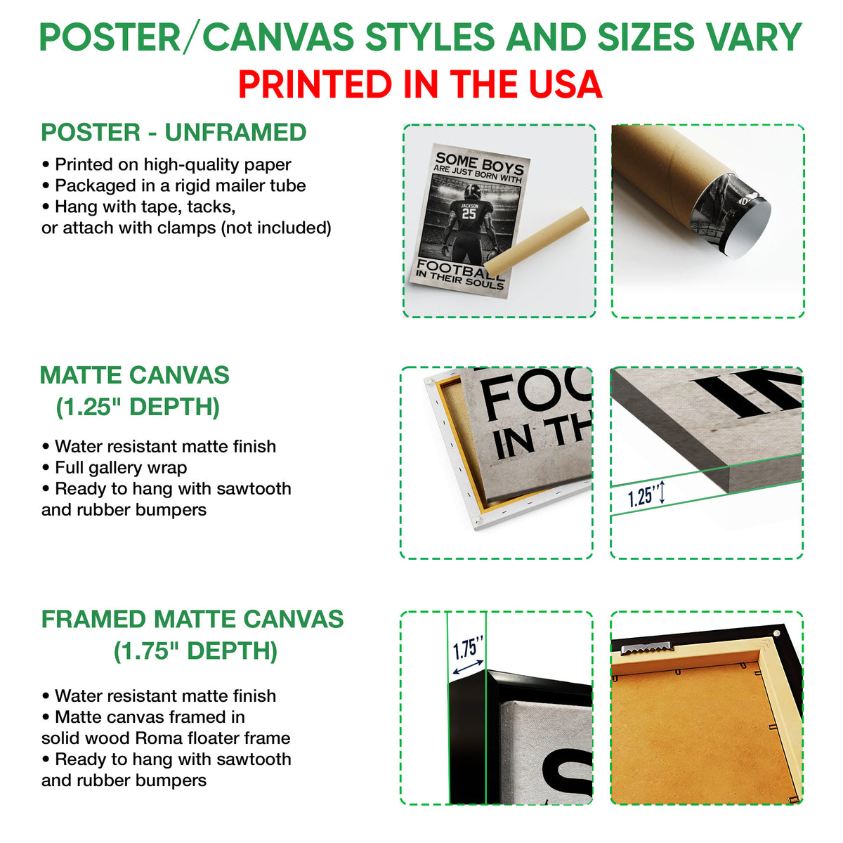 Poster and canvas wall art options guide showing unframed, matte canvas, and framed canvas formats