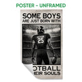 Unframed football poster featuring a stadium player and bold monochrome football typography