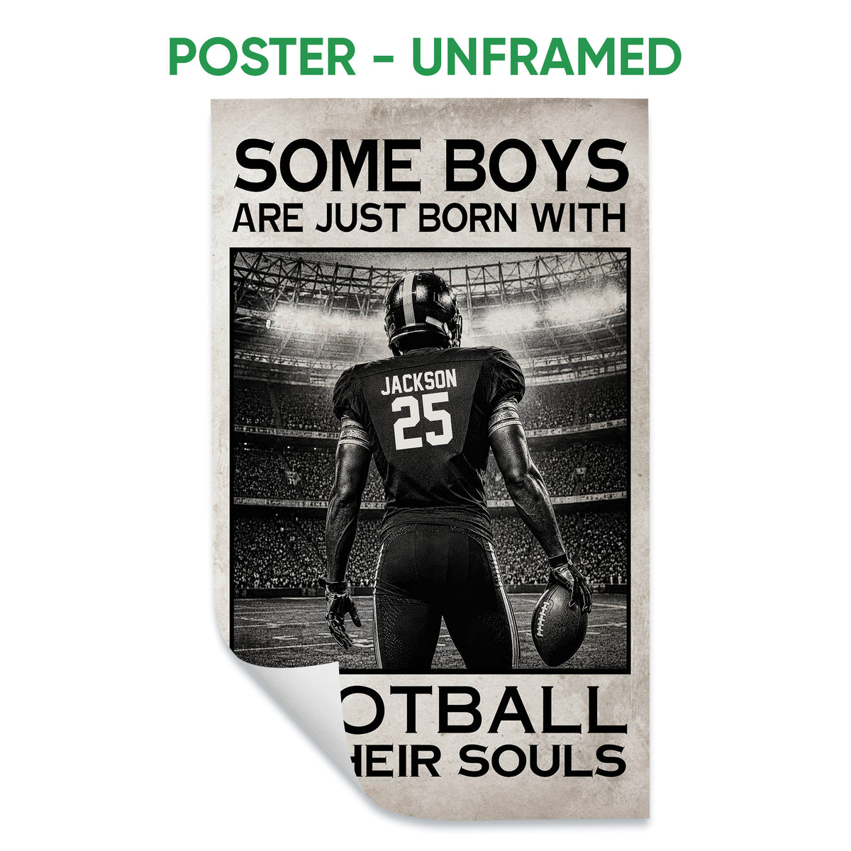 Unframed football poster featuring a stadium player and bold monochrome football typography