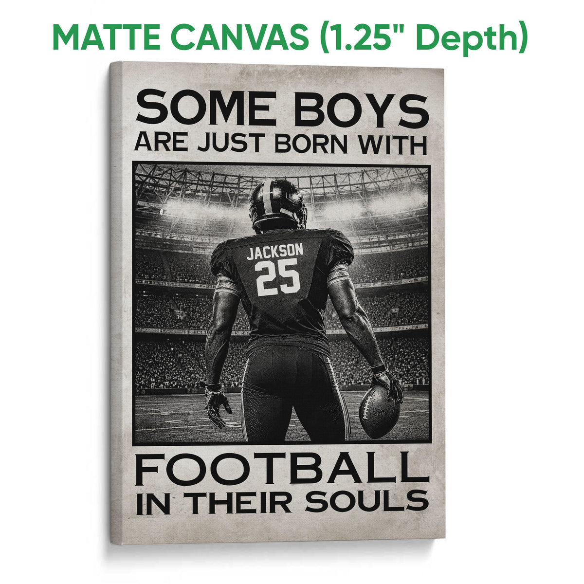 Matte canvas football wall art featuring a stadium player and dramatic black and white artwork