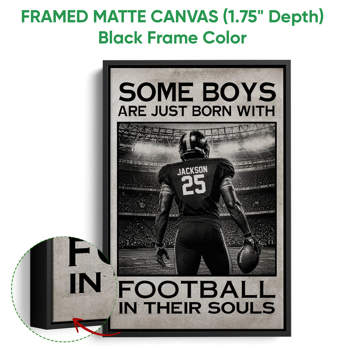 Framed football canvas wall art shown with a black frame and monochrome stadium artwork