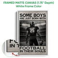 Framed football canvas wall art shown with a white frame and black and white stadium design