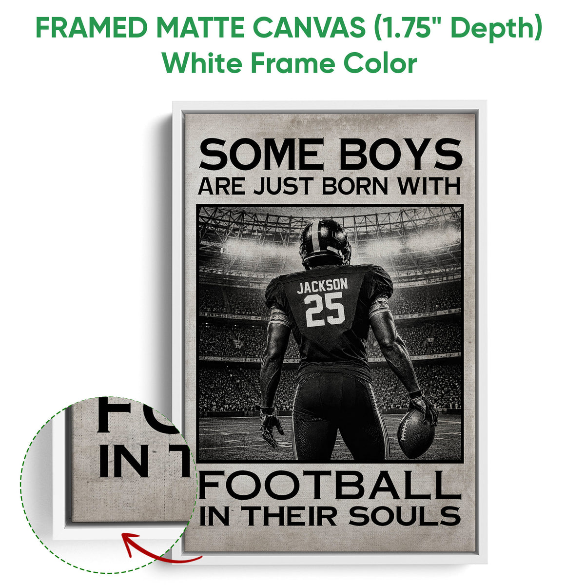 Framed football canvas wall art shown with a white frame and black and white stadium design