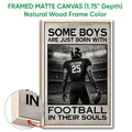 Framed football canvas wall art shown with a natural wood frame and stadium player artwork