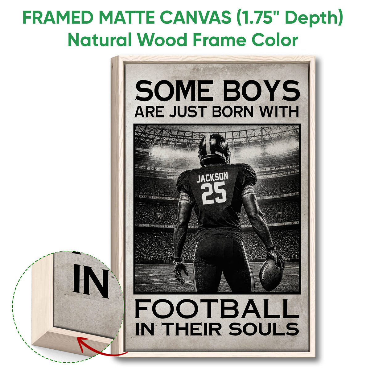 Framed football canvas wall art shown with a natural wood frame and stadium player artwork