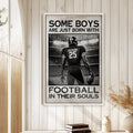 Football wall art displayed in a bright home interior with white wood paneling and neutral decor