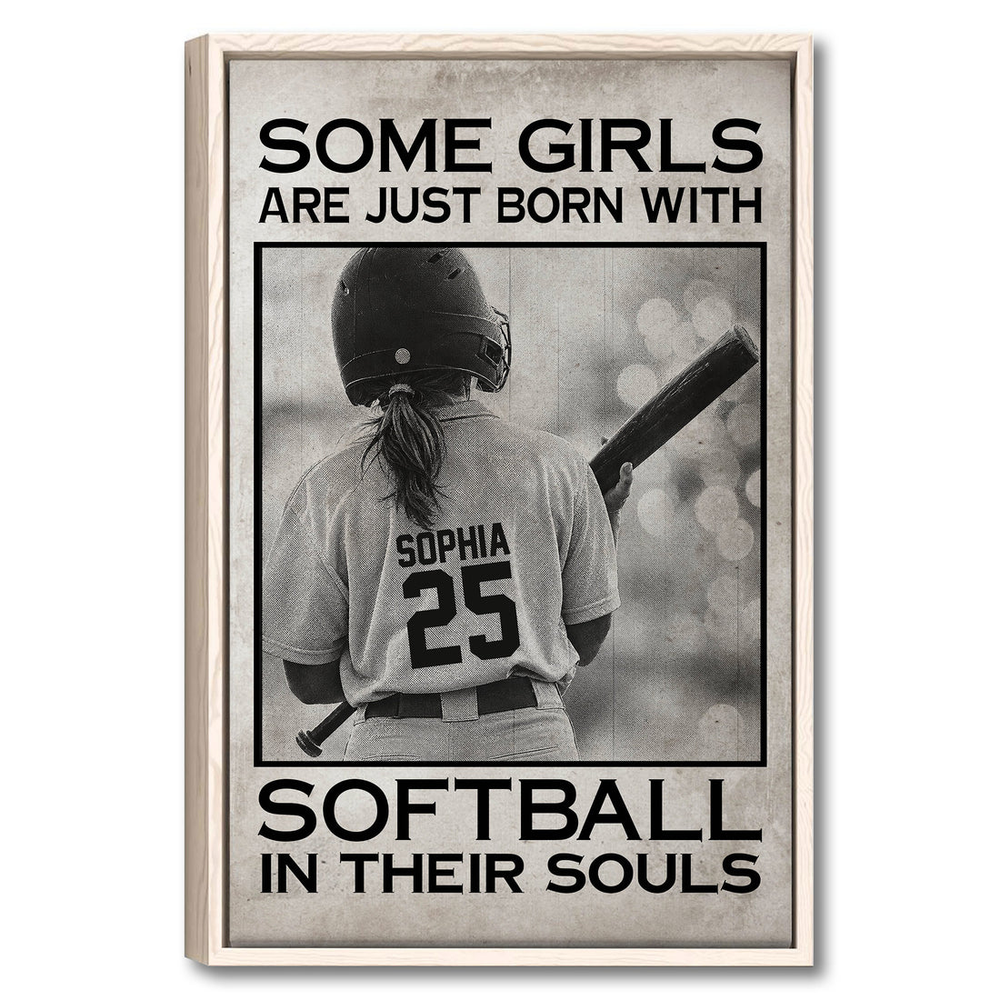 Framed softball wall art featuring a helmeted player with a bat in a vintage black and white design