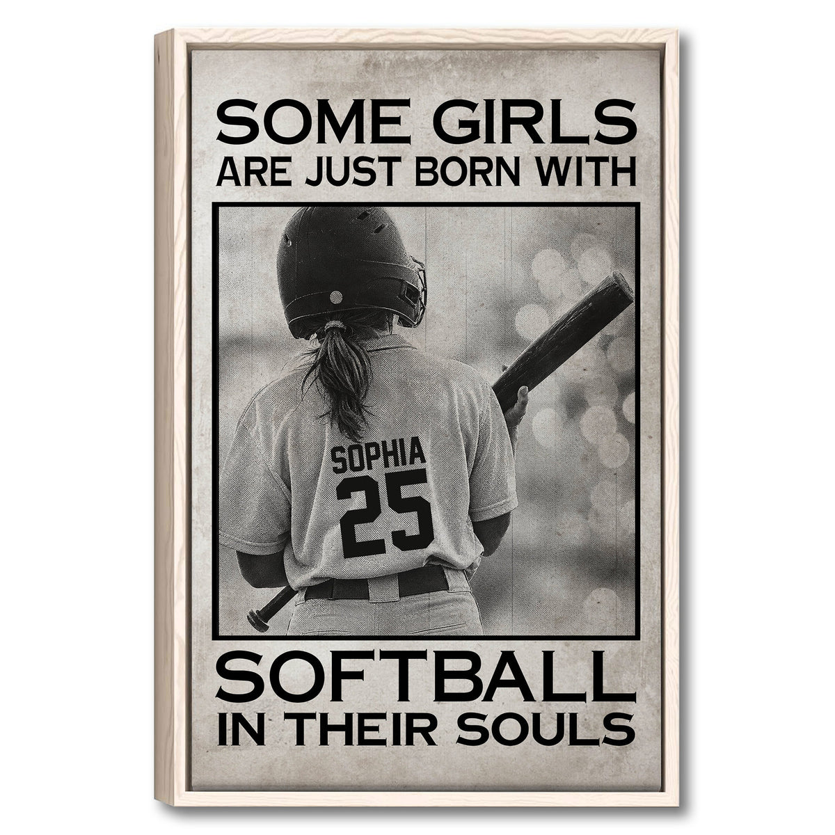 Framed softball wall art featuring a helmeted player with a bat in a vintage black and white design