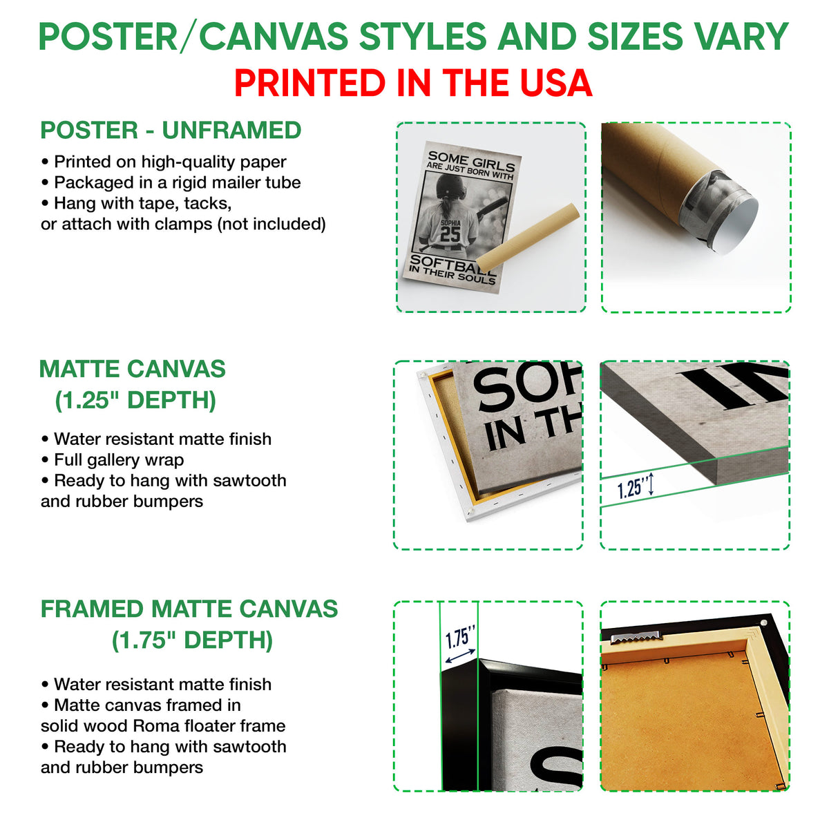 Softball wall art option guide showing poster, matte canvas and framed canvas formats