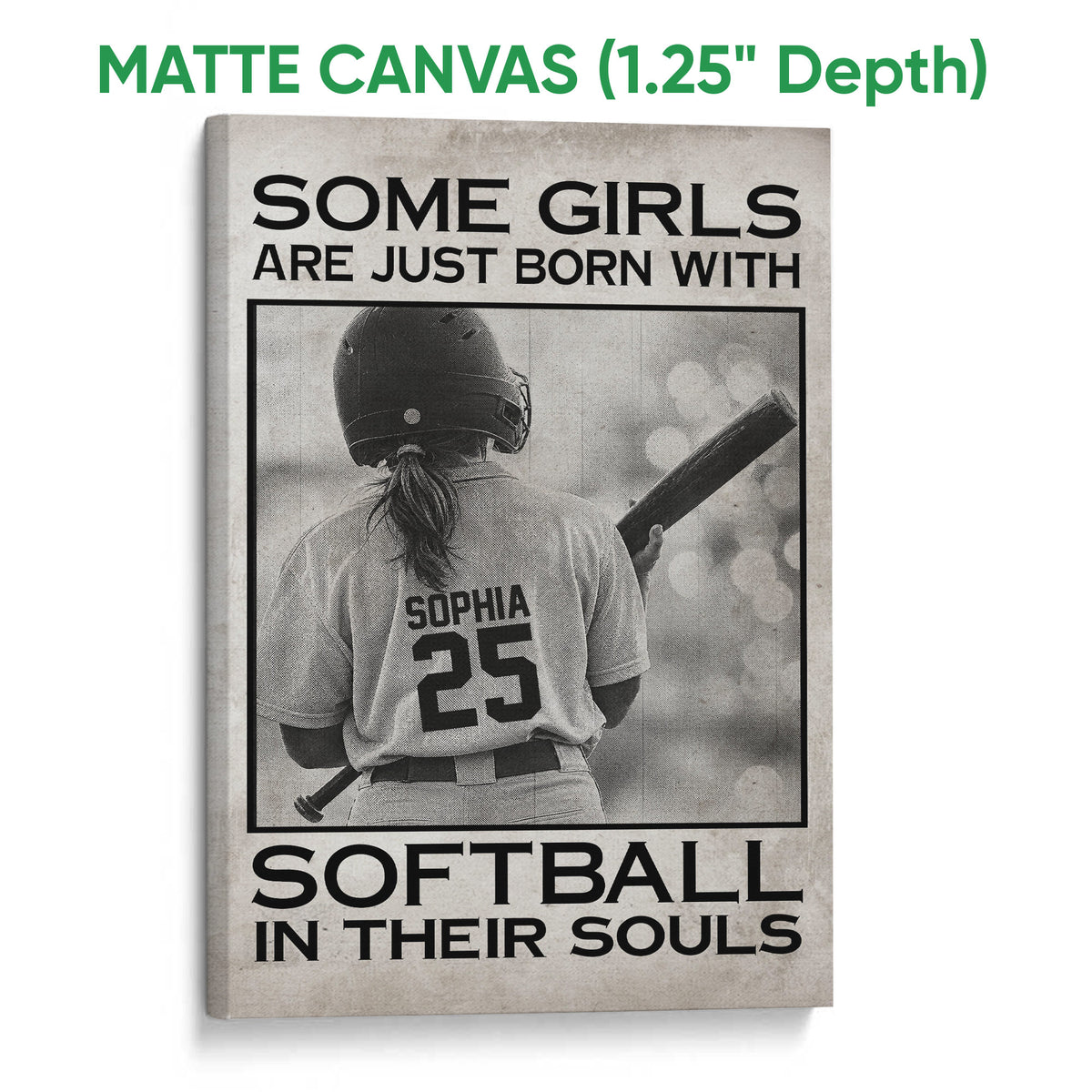 Matte canvas softball wall art featuring a helmeted player and bat in a monochrome design