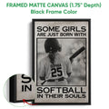 Black framed canvas softball wall art with a close-up showing the solid dark frame and artwork