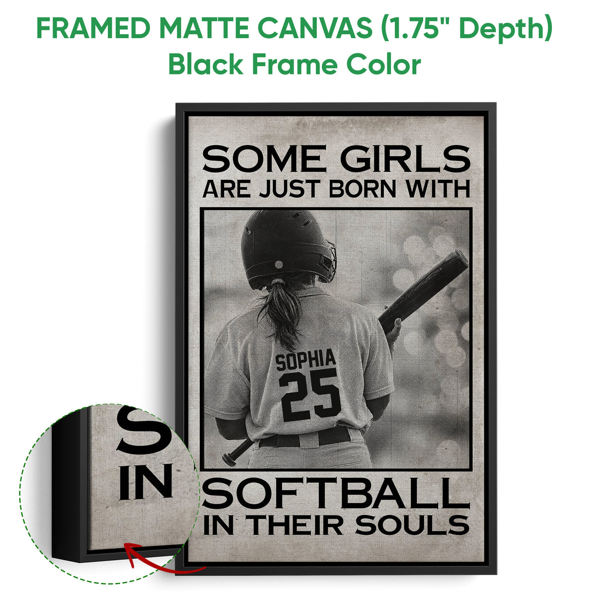 Black framed canvas softball wall art with a close-up showing the solid dark frame and artwork