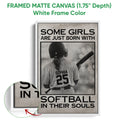 White framed canvas softball wall art with a close-up showing the light frame and artwork