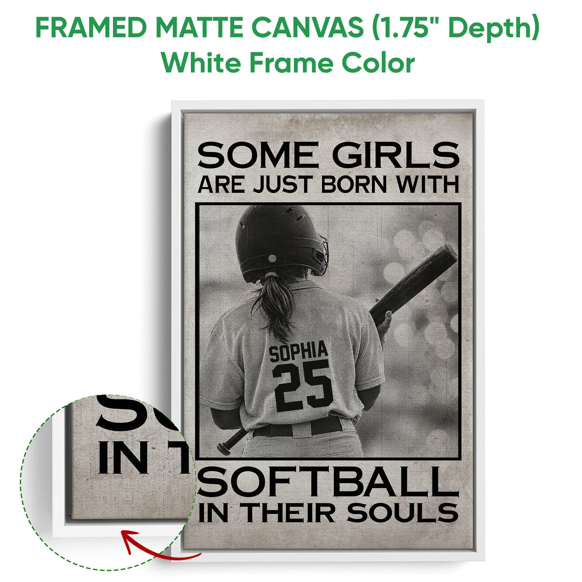 White framed canvas softball wall art with a close-up showing the light frame and artwork