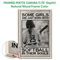 Natural wood framed softball wall art with a close-up showing the wooden frame edge
