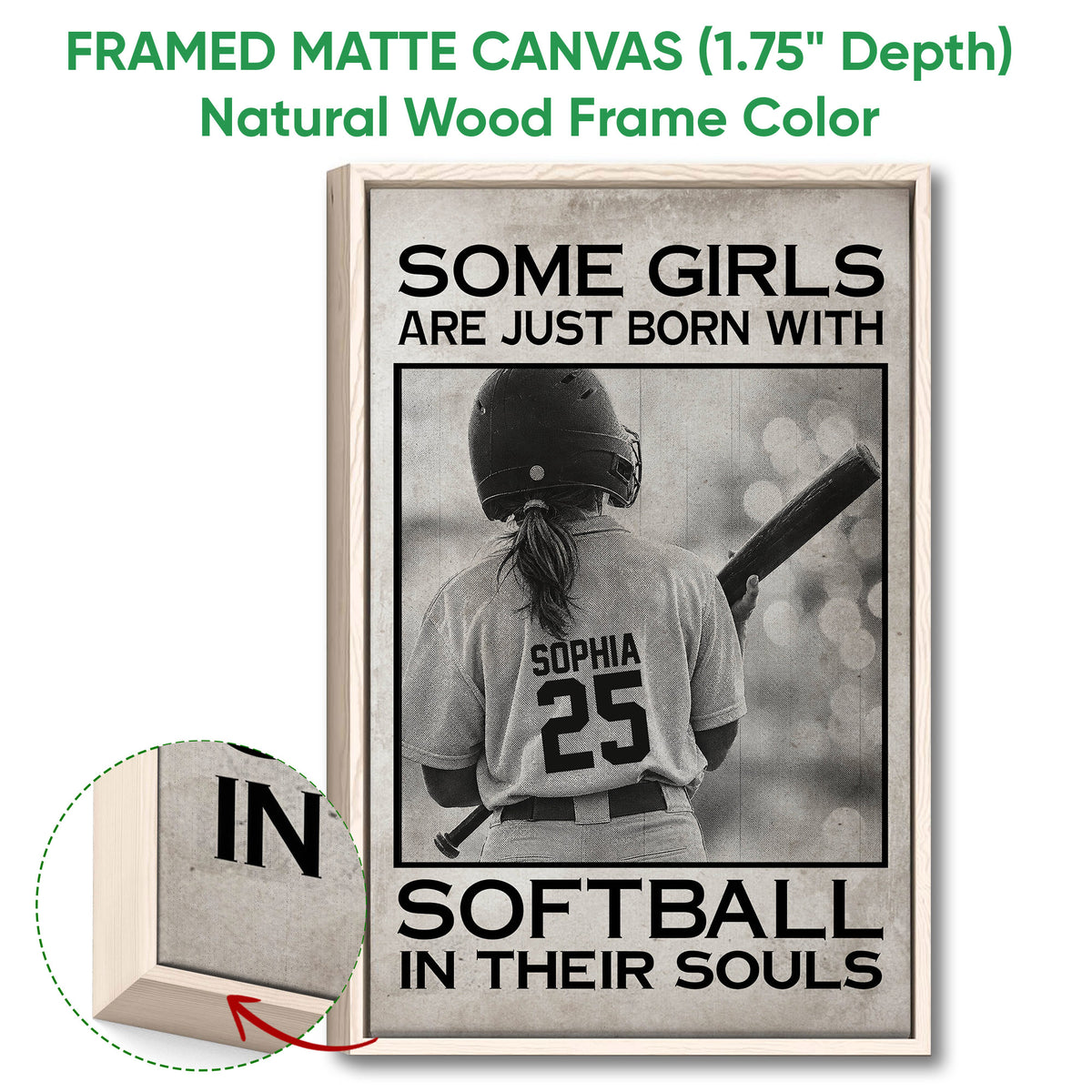 Natural wood framed softball wall art with a close-up showing the wooden frame edge