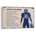 Football life lessons wall art with a helmeted player, motivational text, and distressed navy and cream design