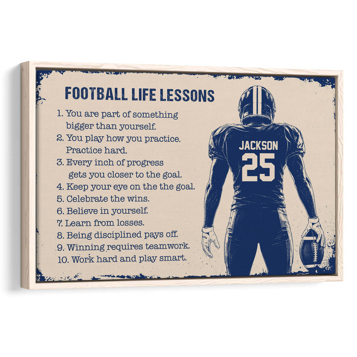 Football life lessons wall art with a helmeted player, motivational text, and distressed navy and cream design