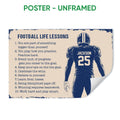 Unframed football poster featuring a helmeted player, motivational life lessons, and distressed navy artwork