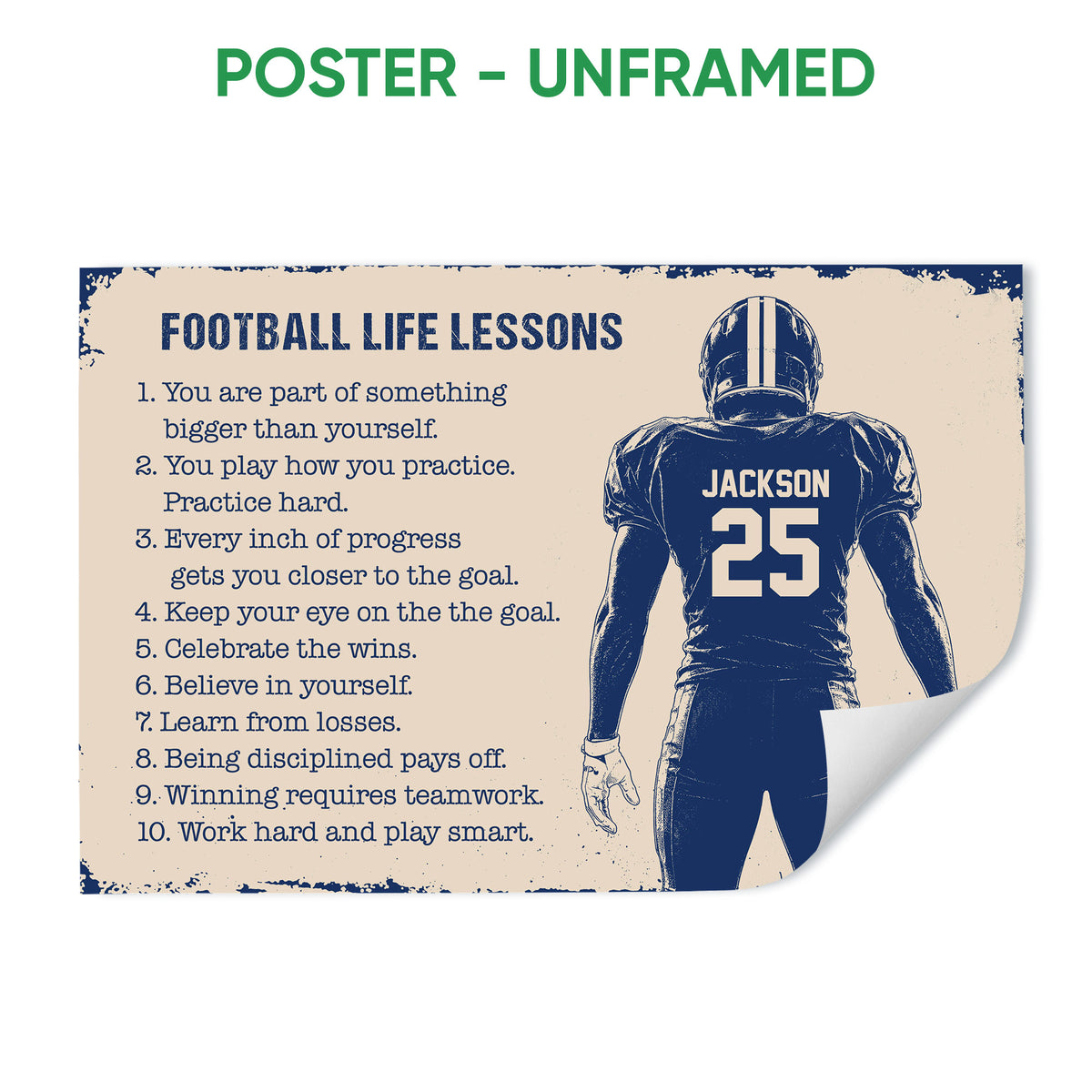 Unframed football poster featuring a helmeted player, motivational life lessons, and distressed navy artwork