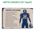 Matte canvas football wall art featuring a helmeted player, inspirational text, and a textured navy and cream design