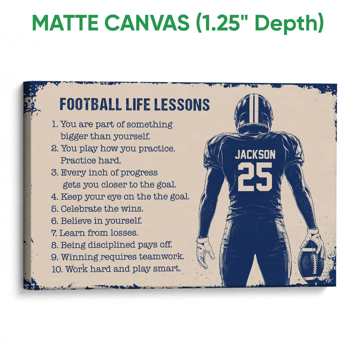Matte canvas football wall art featuring a helmeted player, inspirational text, and a textured navy and cream design