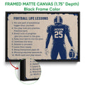 Framed matte canvas football wall art shown with a black frame and close-up view of the textured artwork