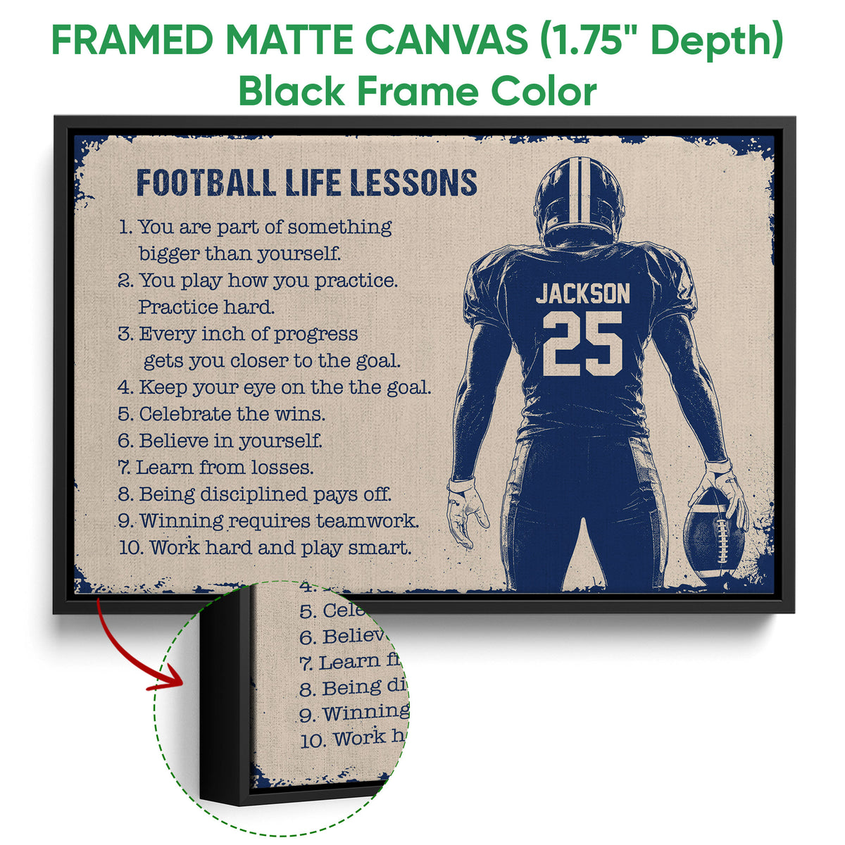 Framed matte canvas football wall art shown with a black frame and close-up view of the textured artwork