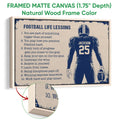 Framed football wall art shown with a natural wood frame and close-up view of the canvas edge