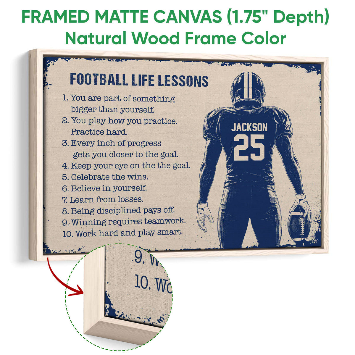 Framed football wall art shown with a natural wood frame and close-up view of the canvas edge