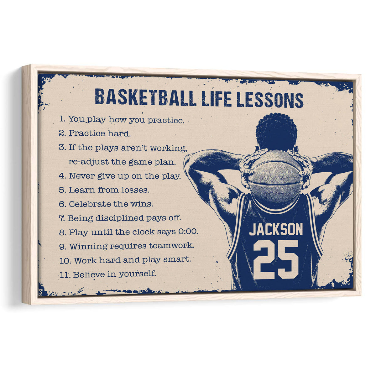 Framed basketball life lessons wall art in navy and cream with an illustrated player