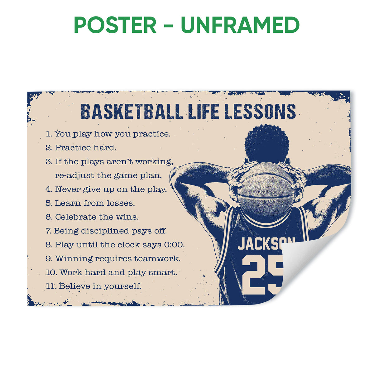 Unframed basketball poster featuring an illustrated player and motivational life lessons