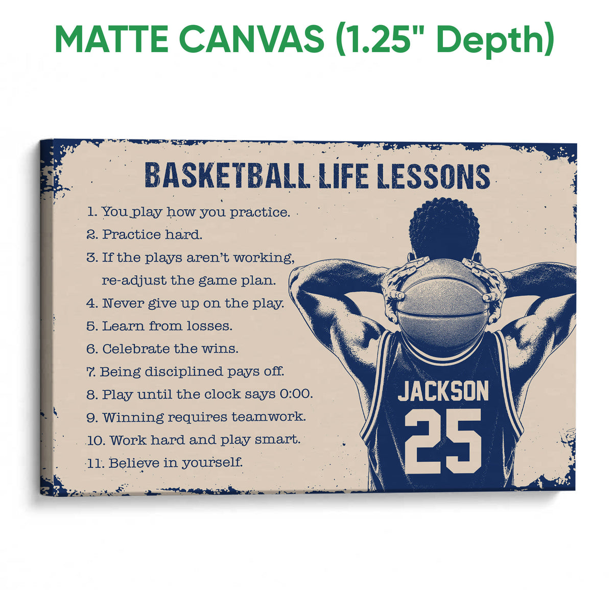 Matte canvas basketball wall art with navy and cream artwork and an illustrated player