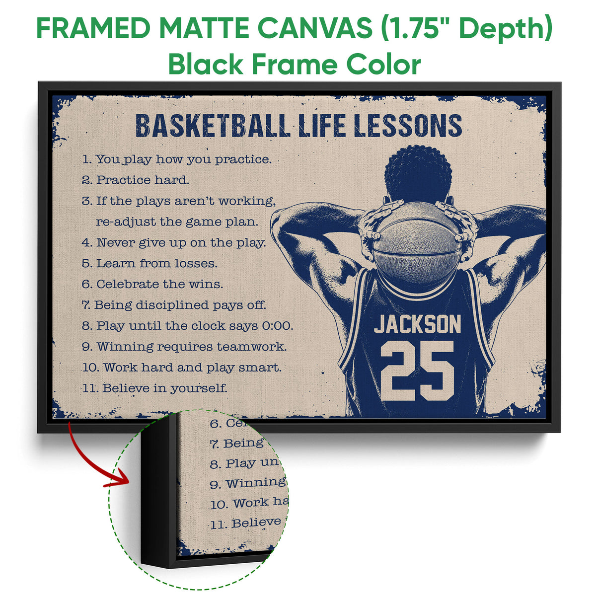 Black framed basketball canvas wall art with distressed navy and cream design