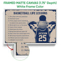 White framed basketball canvas wall art with motivational lessons and illustrated player