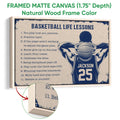 Natural wood framed basketball wall art with vintage-inspired navy and cream artwork