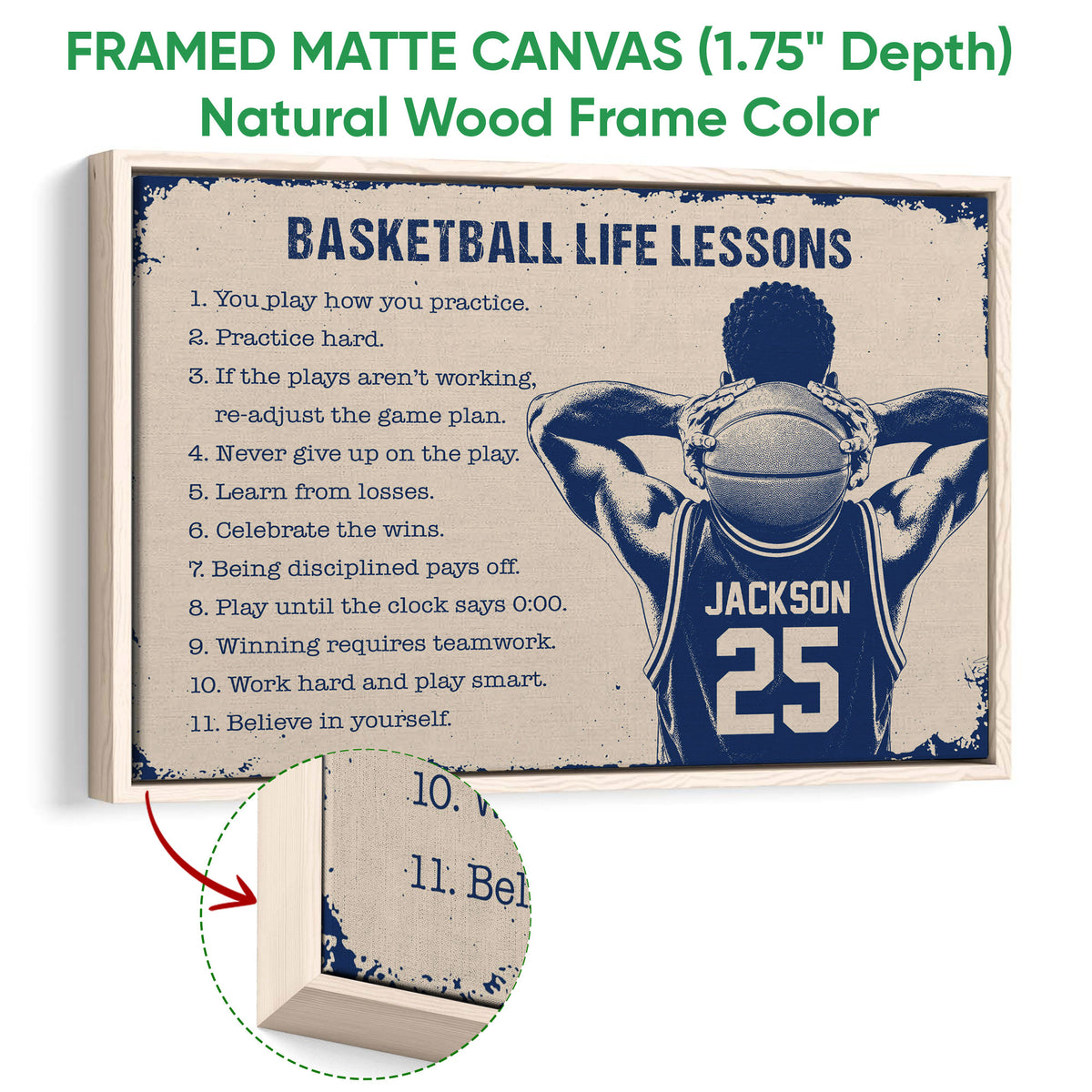 Natural wood framed basketball wall art with vintage-inspired navy and cream artwork