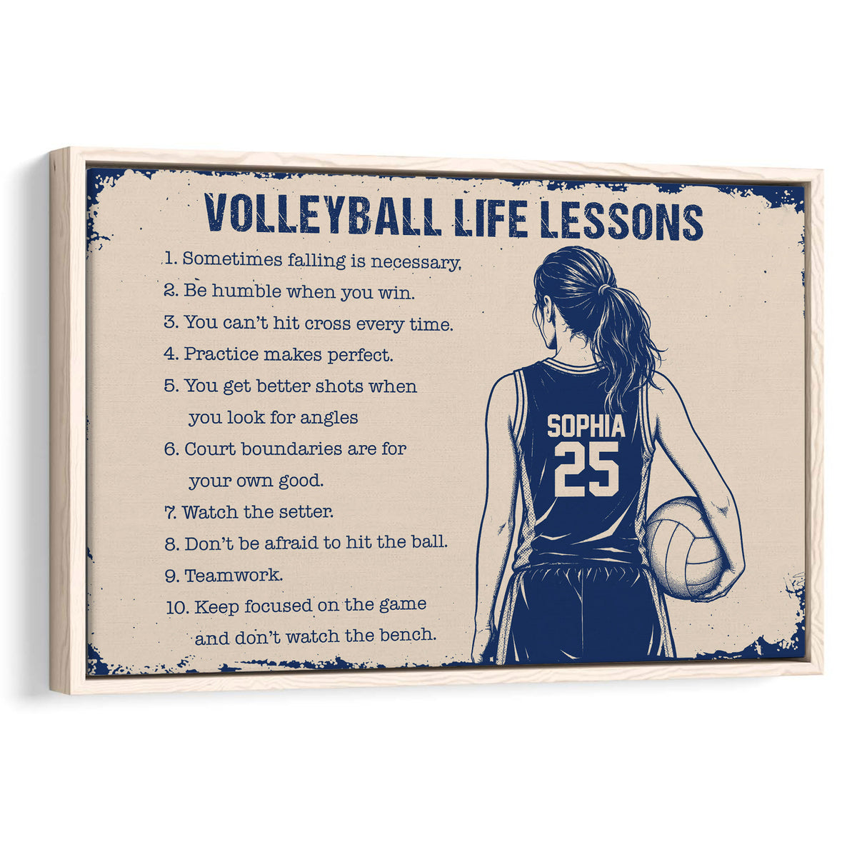 Framed volleyball wall art with a player illustration and motivational sports lessons in navy and cream