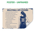 Unframed volleyball poster featuring a player illustration and motivational volleyball lessons in navy and cream