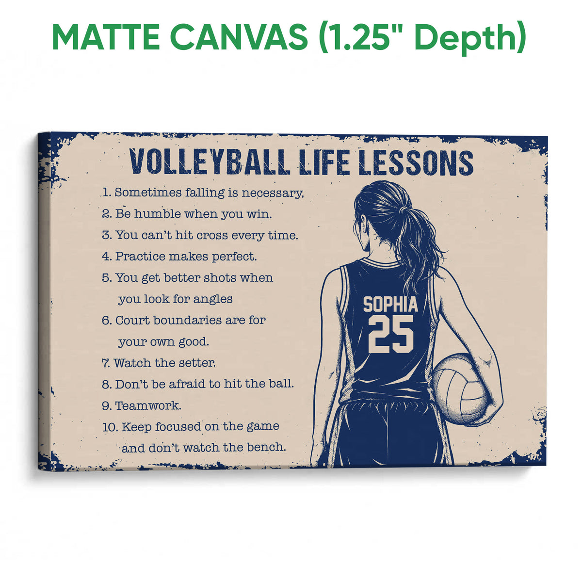 Matte canvas volleyball wall art with a player illustration, distressed border, and motivational sports text