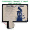 Black framed canvas volleyball wall art with a player illustration and close-up canvas texture detail